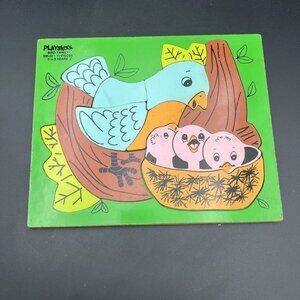 Vtg 70s PLAYSKOOL BIRD FAMILY 330-22 wood puzzle Green
